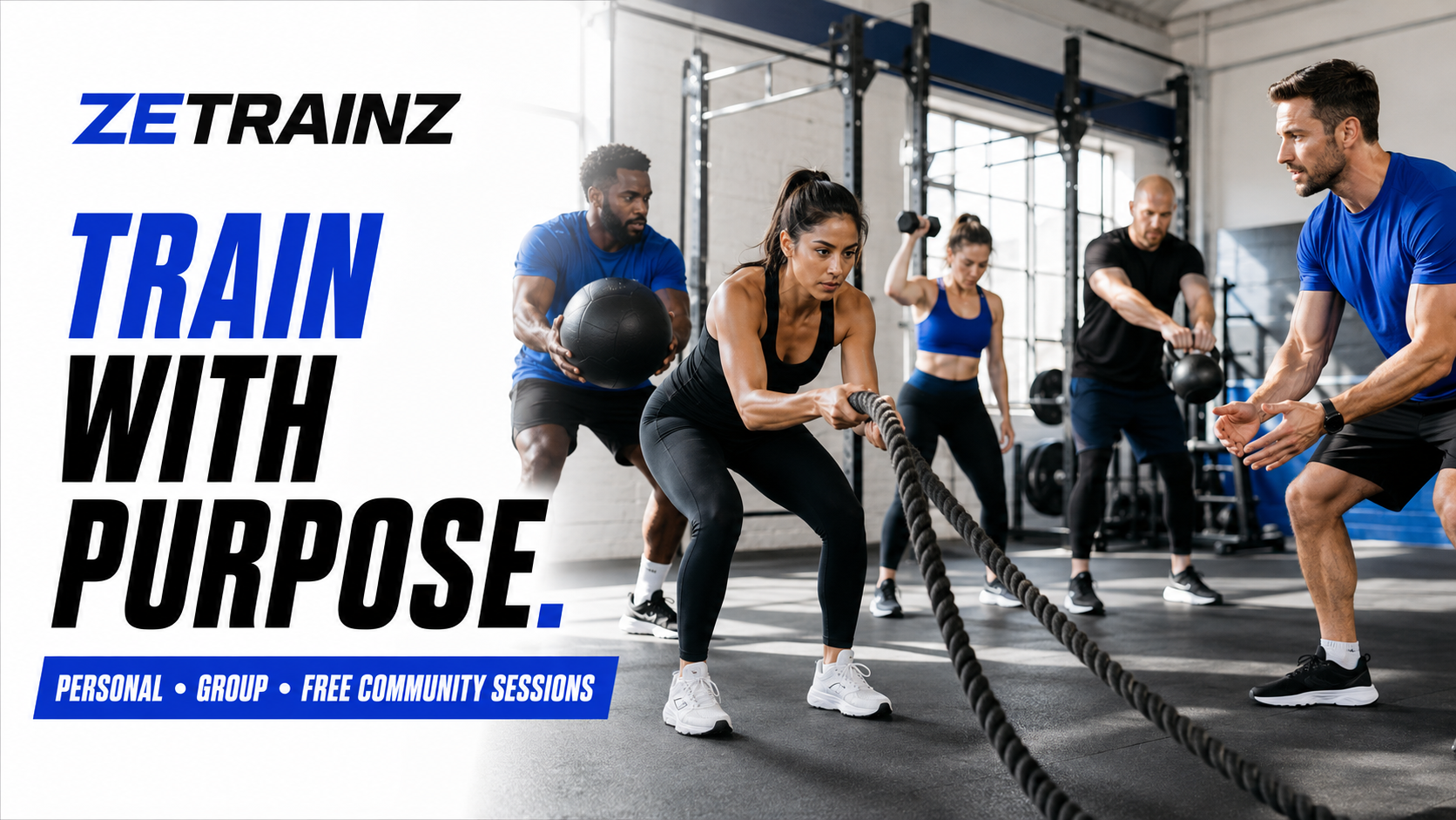 A ZEtrainz coach guiding a diverse group through strength and conditioning exercises
